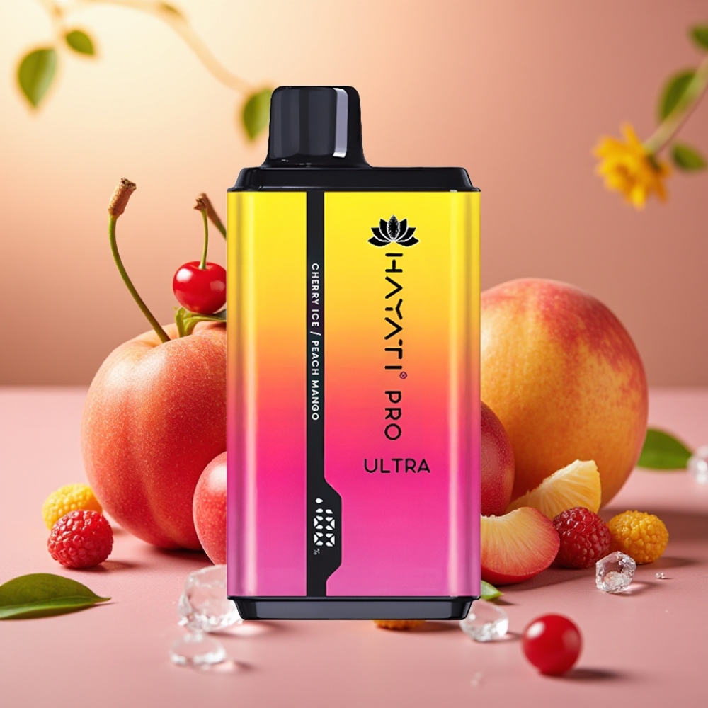 Hayati Pro Ultra 15000 Puffs Disposable Vape Cereza Hielo Melocotón Mango 12ml 2%