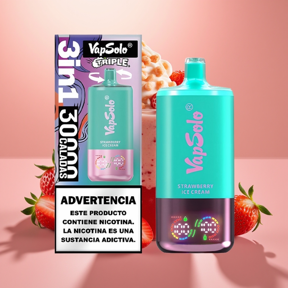 VapSolo Triple 30000 Puffs 40ml Fresa Helado Tipo-C