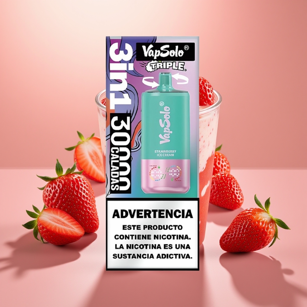 VapSolo Triple 30000 Puffs 40ml Fresa Helado Tipo-C