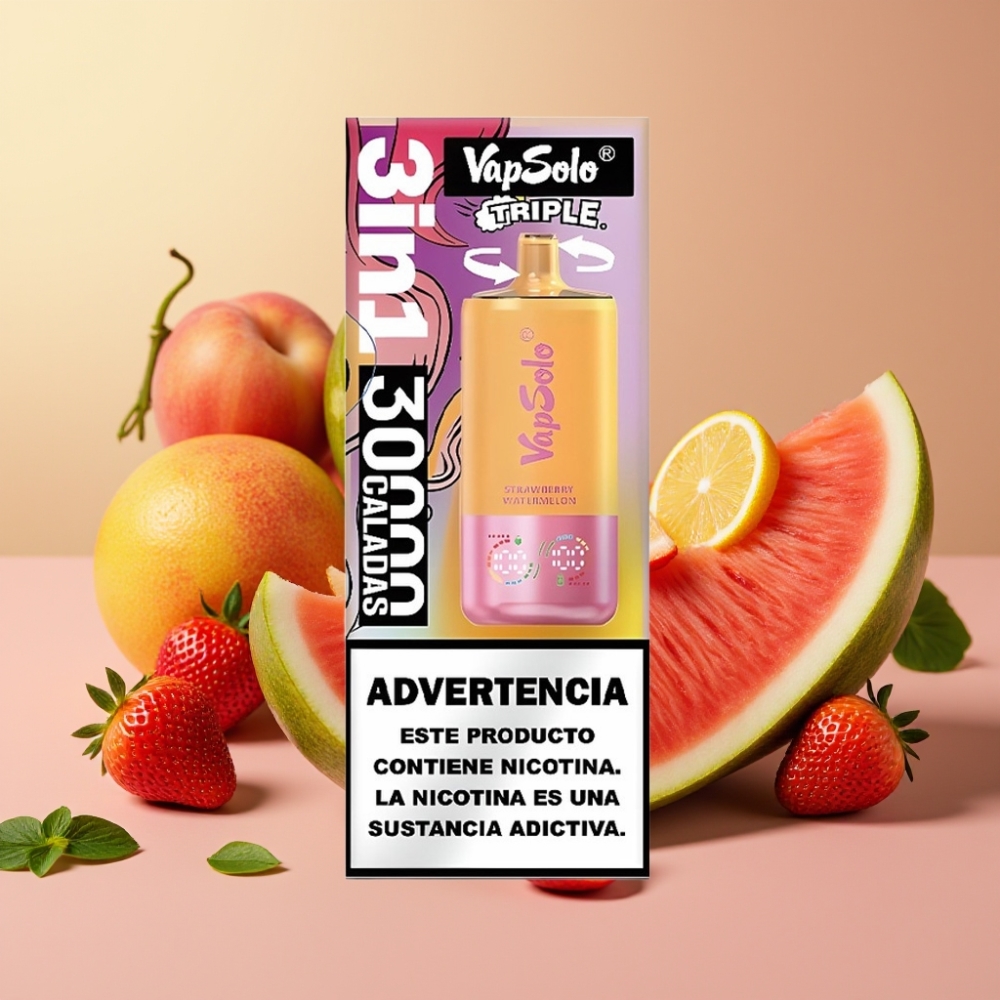 VapSolo Triple 30000 Puffs Fresa Sandía & Limón Melocotón, 40ml, Tipo-C
