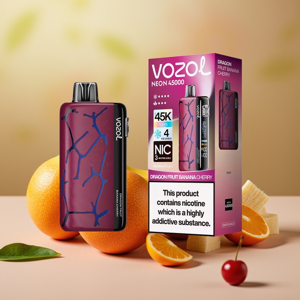 Vozol Neon 45K 45000 Puffs Vape Desechable con Fruta del Dragón Banana Cereza, 20ml, 800mAh